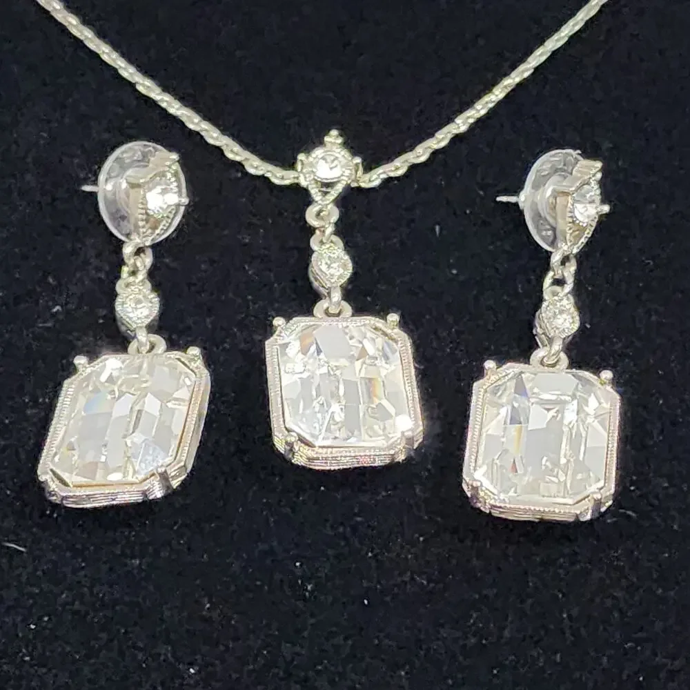 Necklace Earrings Set Faceted Crystal Rectangle Emerald Cut Drop ST 2028 Vintage
